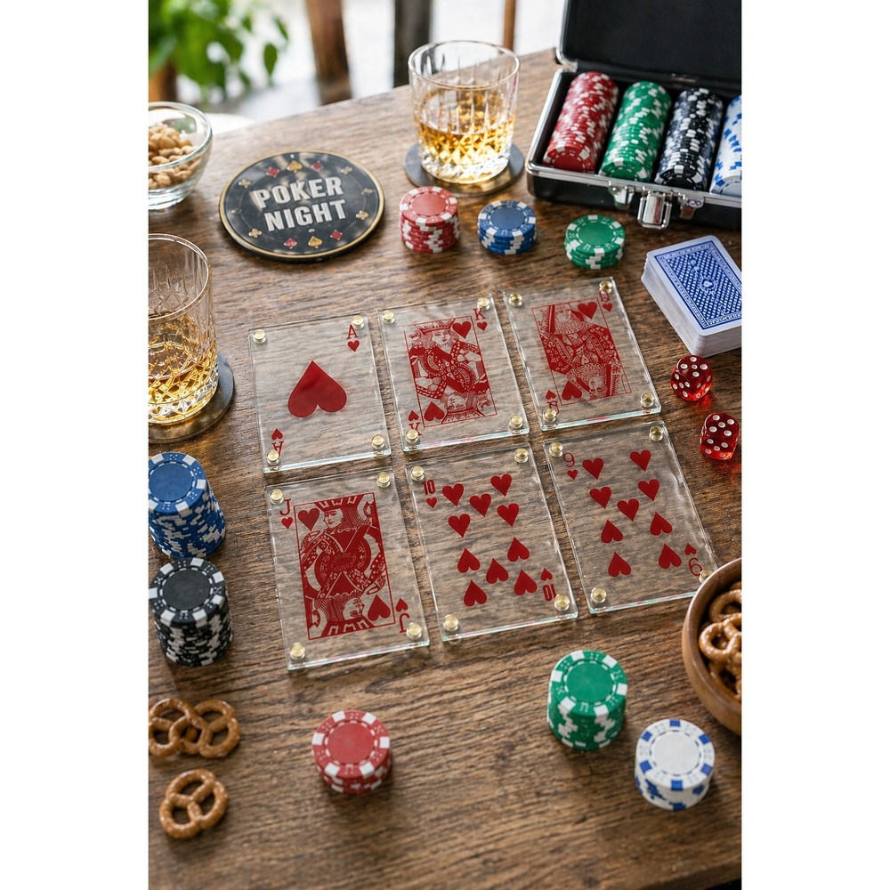 Casino Playing Card Glass Coasters Set ❤️ Poker Night Bar Decor Man Cave
